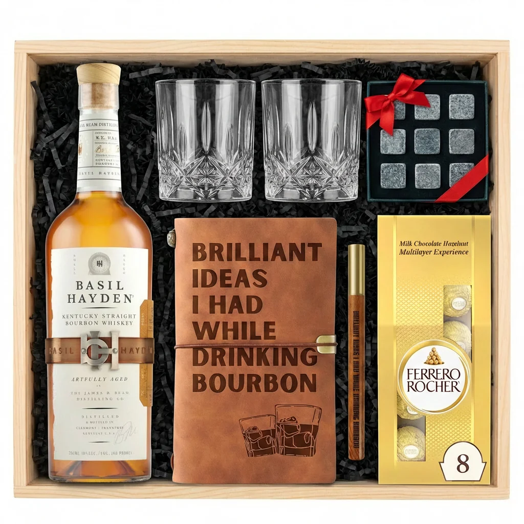 Basil Hayden’s Bourbon Gift Crate – Whiskey, Leather Journal, Glasses & Whiskey Stones