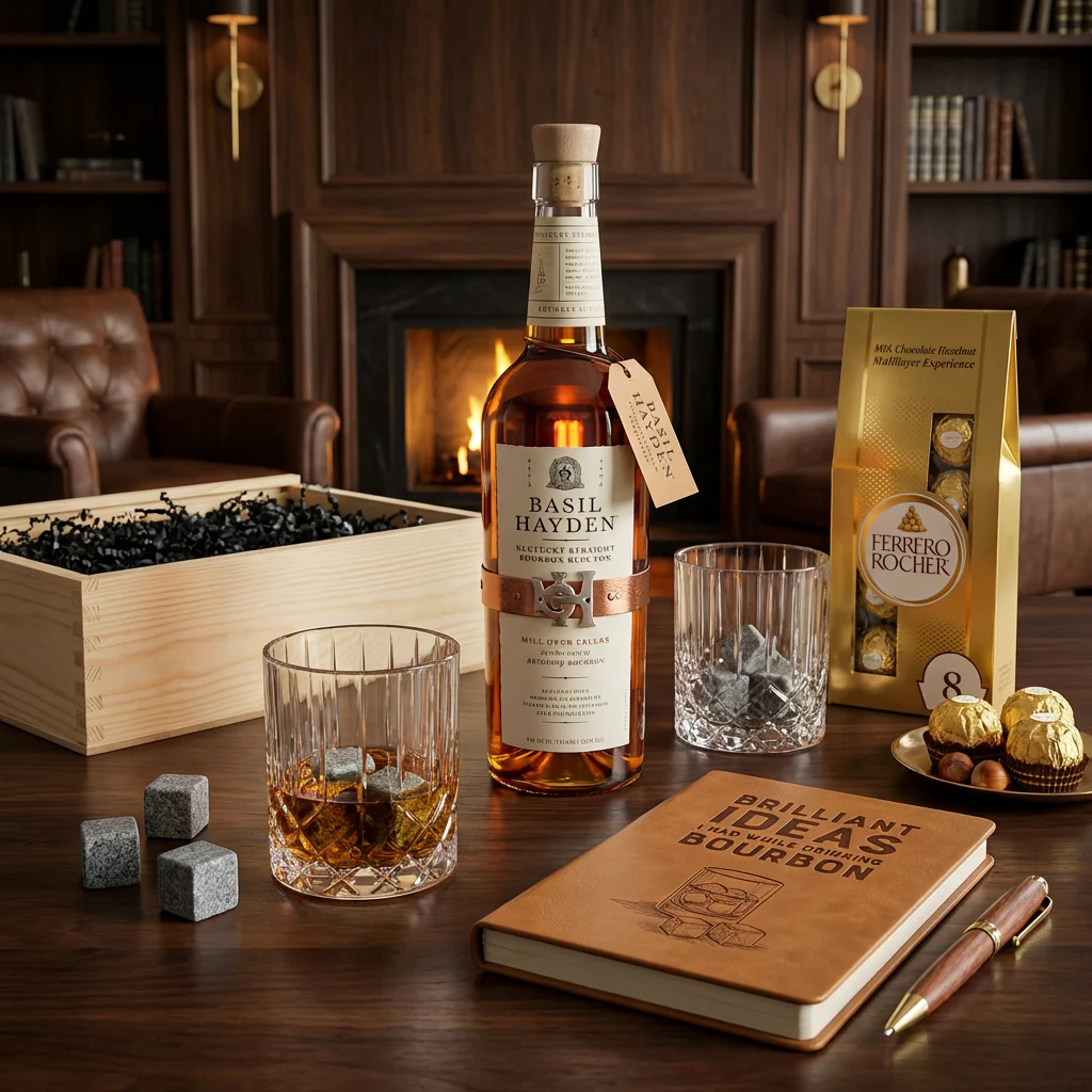 Basil Hayden’s Bourbon Gift Crate – Whiskey, Leather Journal, Glasses & Whiskey Stones - Image 2