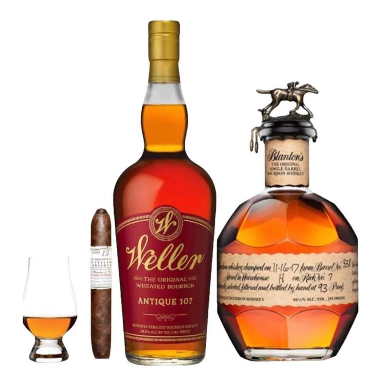 Blanton's and Weller Antique 107 Bourbon Combo Gift Set with Gurkha Cigar and Glencairn Glass