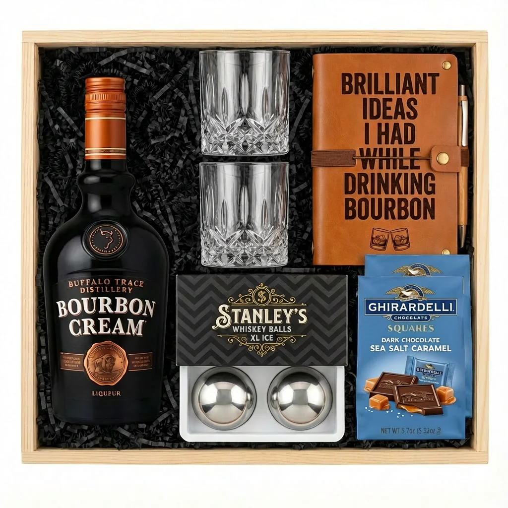 Buffalo Trace Bourbon Cream Gift Crate – Liqueur, Glasses, Chocolate & Whiskey Balls