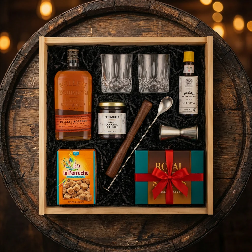 Bulleit Bourbon Old-Fashioned Wooden Gift Crate – Bourbon, Glasses, Bitters & Bar Tools - Image 2
