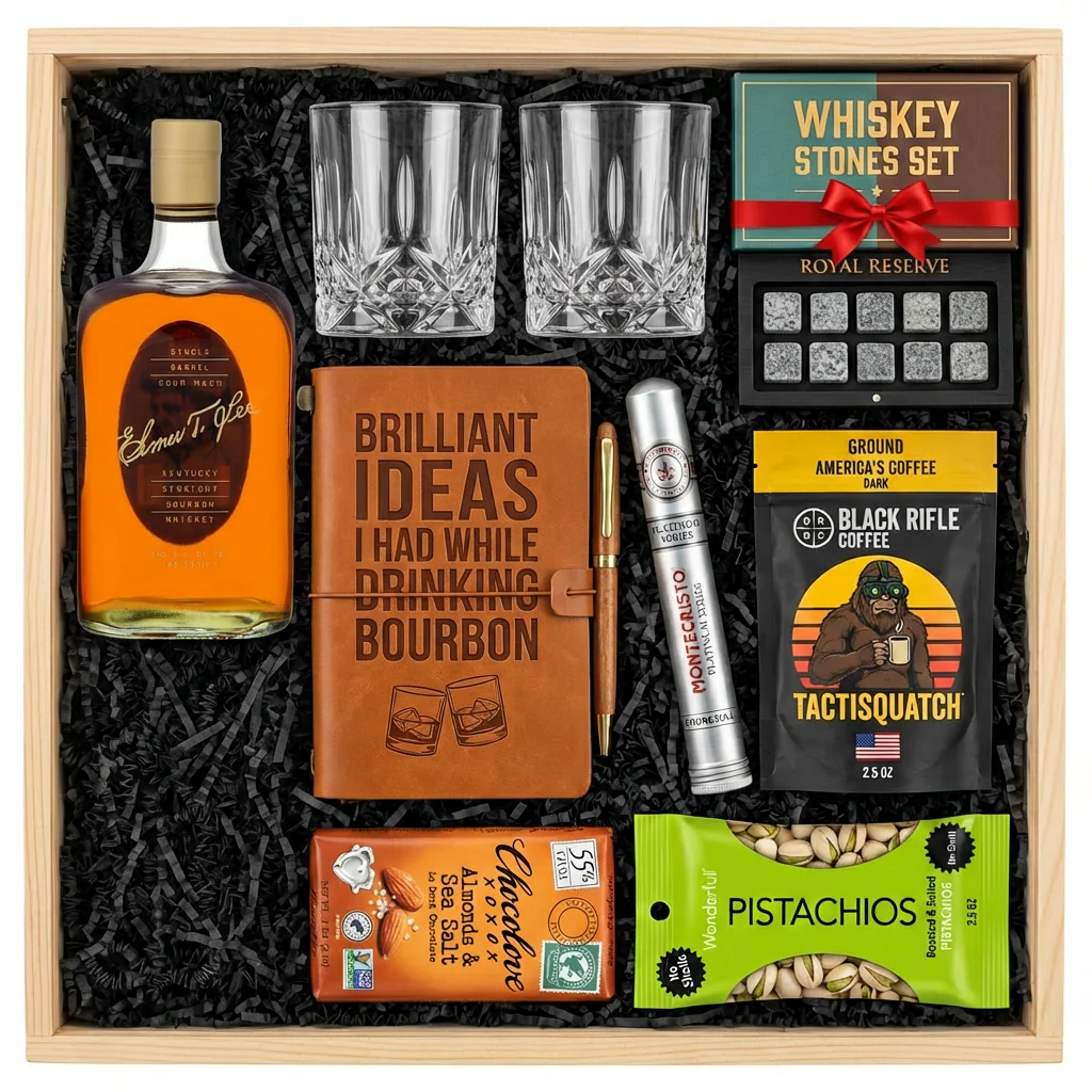 Elmer T. Lee Single Barrel Sour Mash Bourbon Top Shelf Gift Crate – Whiskey, Glasses, Journal, Coffee & Cigar