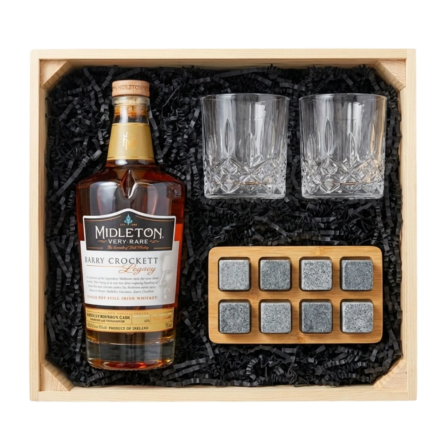 Emerald Isle Gift Crate – Midleton Barry Crockett Legacy Irish Whiskey (1 Bottle + 2 Glasses + Whiskey Stones)