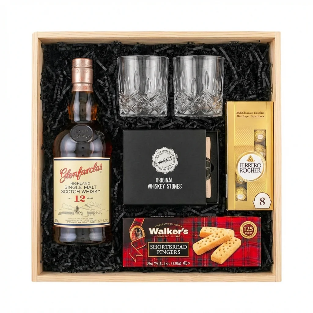 Glenfarclas 12 Year Sherry Cask Scotch Gift Crate – Whisky, Glasses, Whiskey Stones & Gourmet Treats