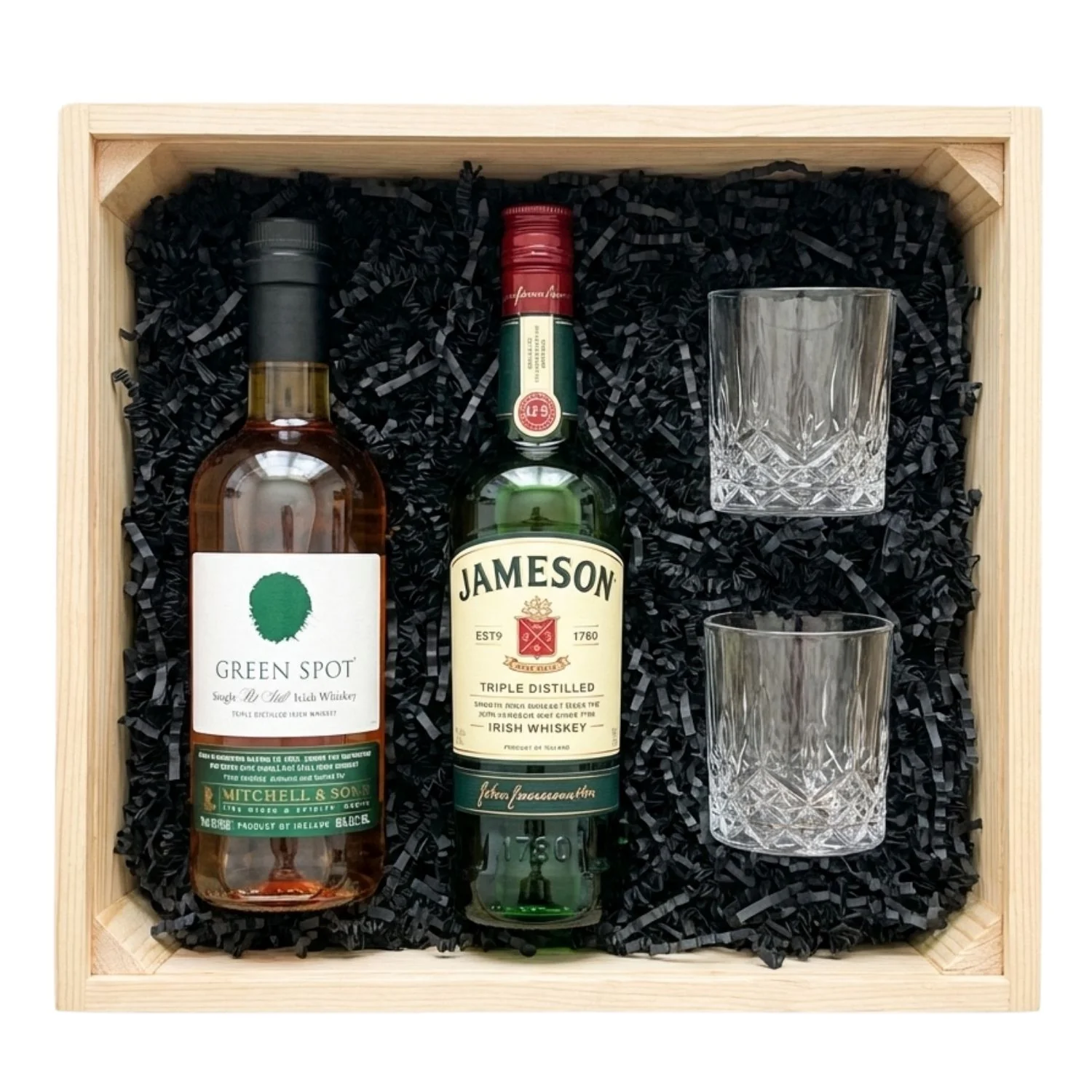 Irish Tasting Duo Gift Crate – Jameson & Green Spot Irish Whiskey (2 Bottles + 2 Glasses)