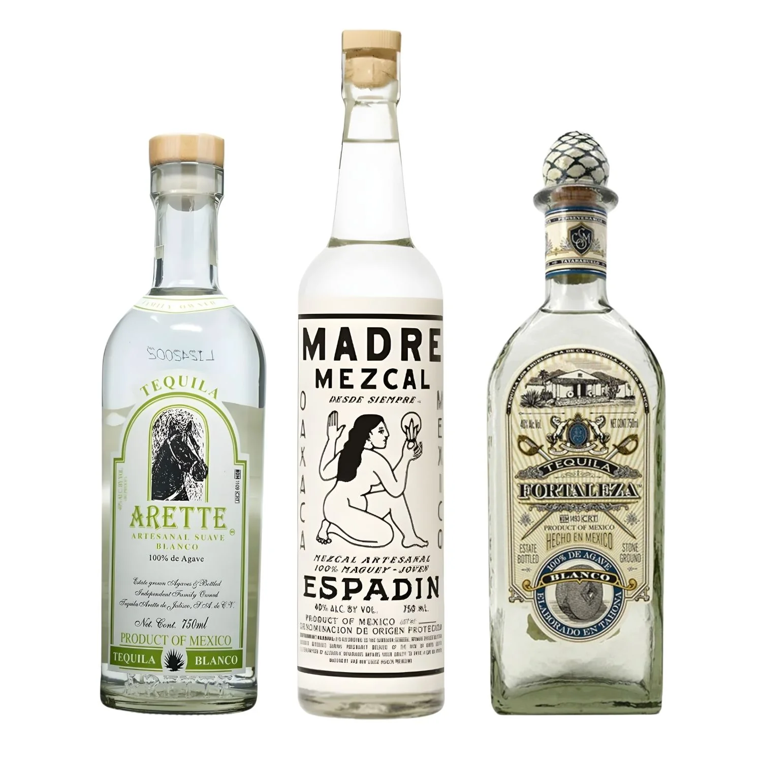 Madre Mezcal Espadín + Arette Artesanal Blanco + Fortaleza Blanco — Premium Agave Spirits Bundle (3 Bottles)