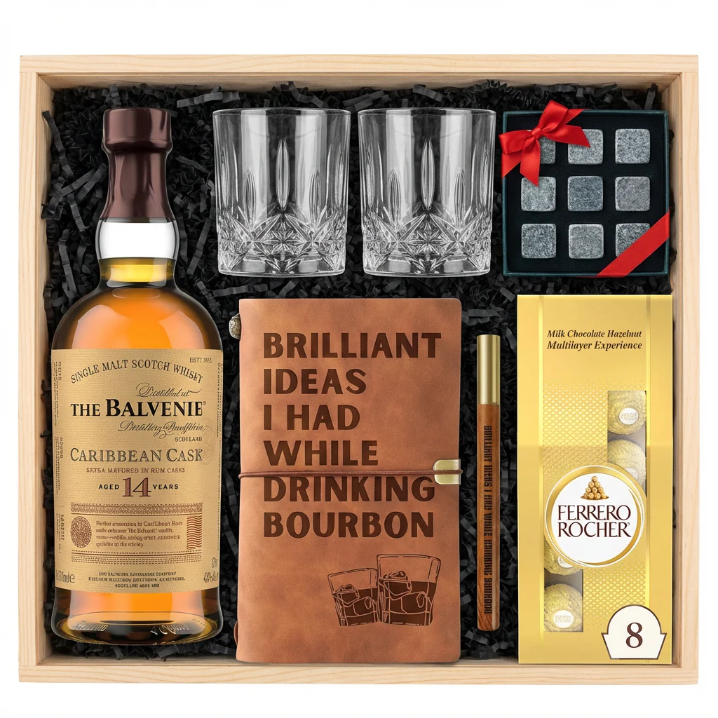 The Balvenie 14 Year Caribbean Cask Scotch Gift Crate – Whisky, Leather Journal, Glasses & Whiskey Stones