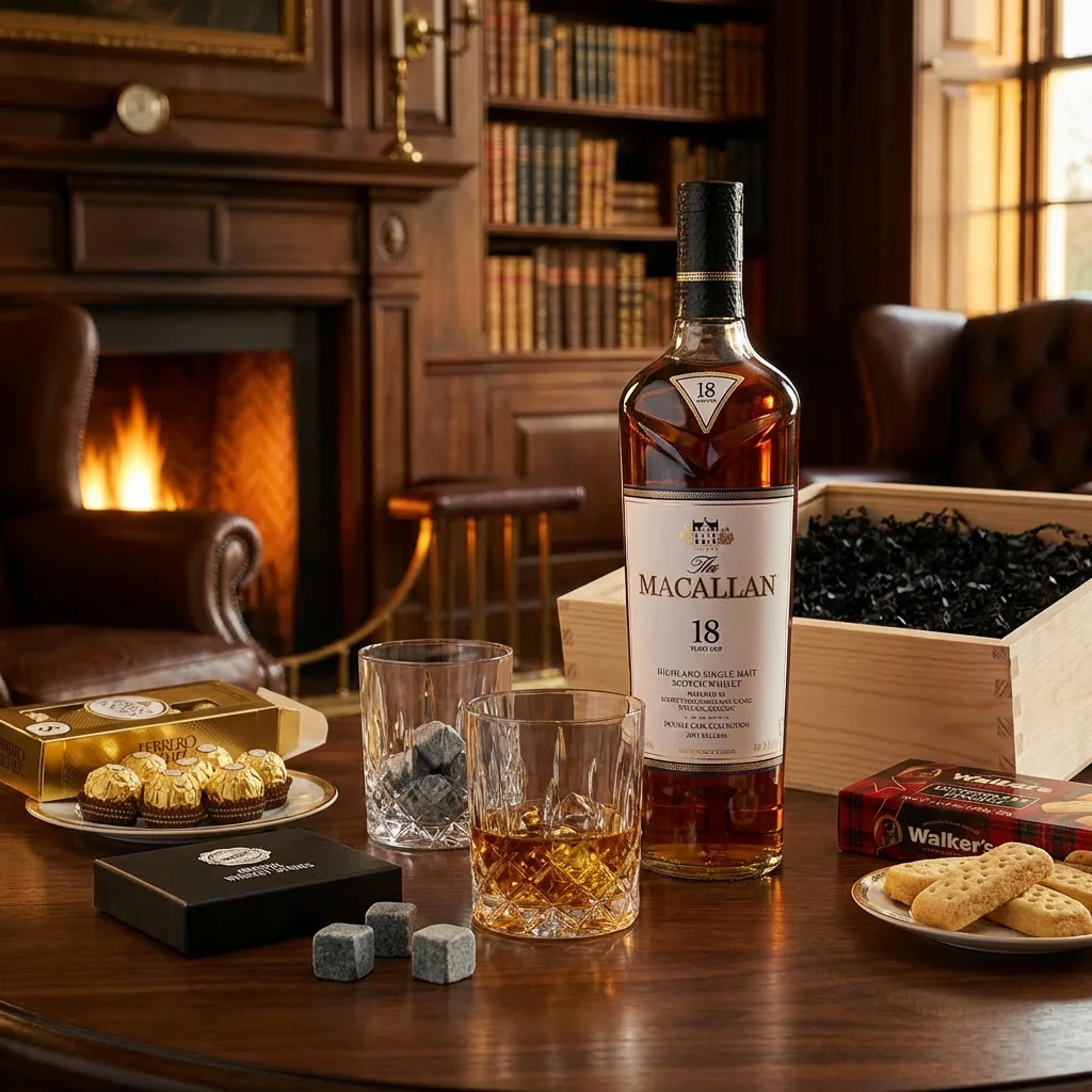 The Macallan 18 Year Double Cask Scotch Gift Crate – Whisky, Glasses, Whiskey Stones & Gourmet Treats - Image 2