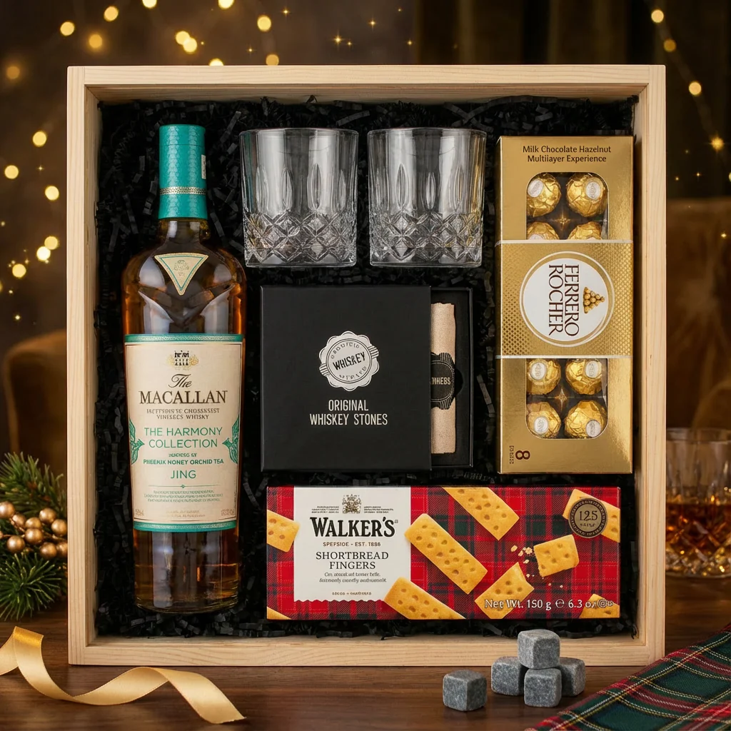 The Macallan Harmony Collection “Phoenix Honey Orchid Tea” Gift Crate – Scotch Whisky, Glasses, Chocolate & Whiskey Stones - Image 2