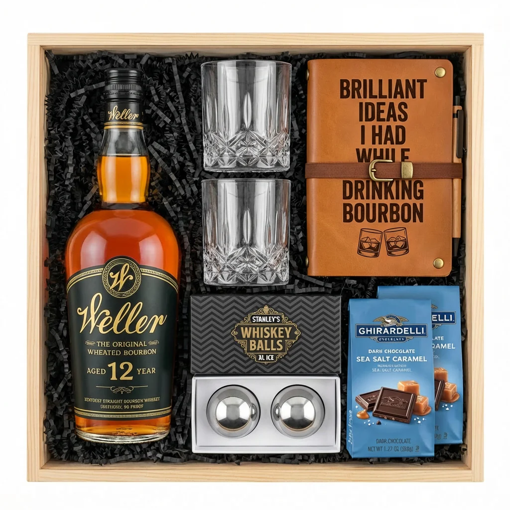 Weller 12 Gift Crate – Bourbon, Chocolate, Glasses, Whiskey Balls & Leather Journal