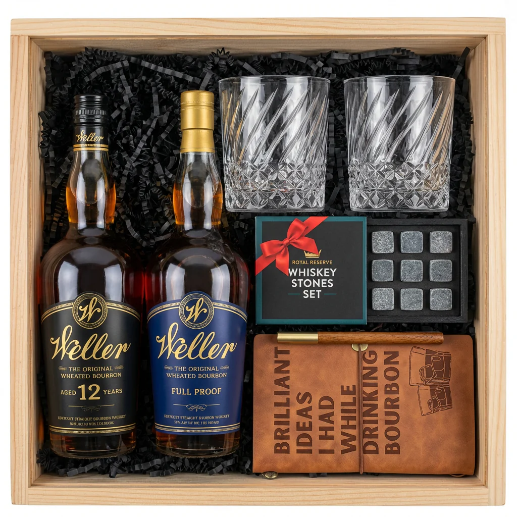 Weller 12 & Weller Full Proof Gift Crate – Bourbon, Old-Fashioned Glasses, Whiskey Stones & Leather Journal